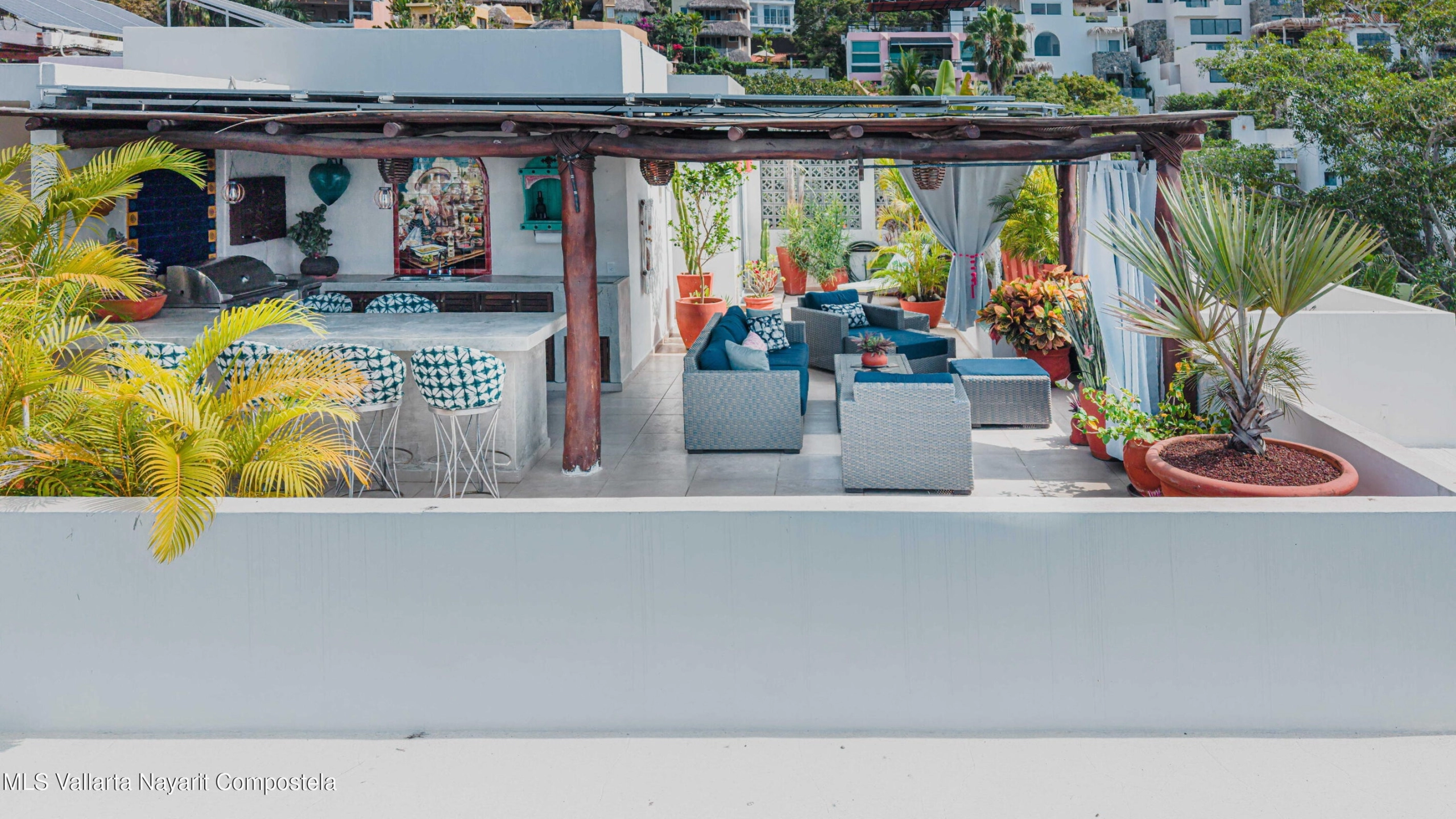 Ocean view terrace at Ajusko Monterrosa home for sale in North Side Sayulita Mexico